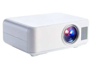 Showcase small portable projector and blank screen for home theatre experience on transparent background