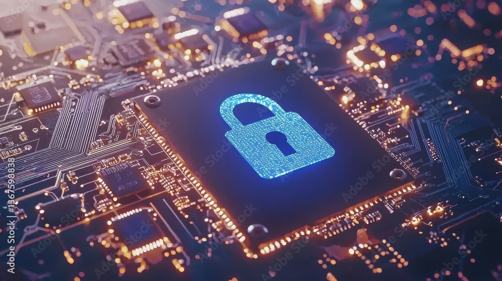 Poster blue circuit board in closeup, linked to a central processing unit and locked down with a padlock