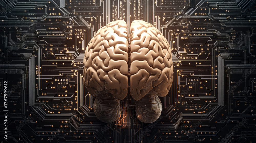 Poster illustration of blue brain top view half human, half machine brain with circuits on dark circuit boa