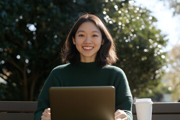  Cheerful woman working outdoors with laptop.
