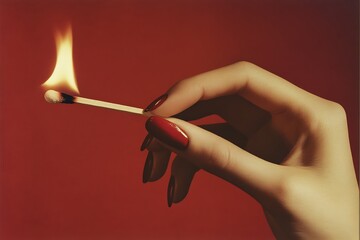 Female hand with red manicure holding burning match on red background.
