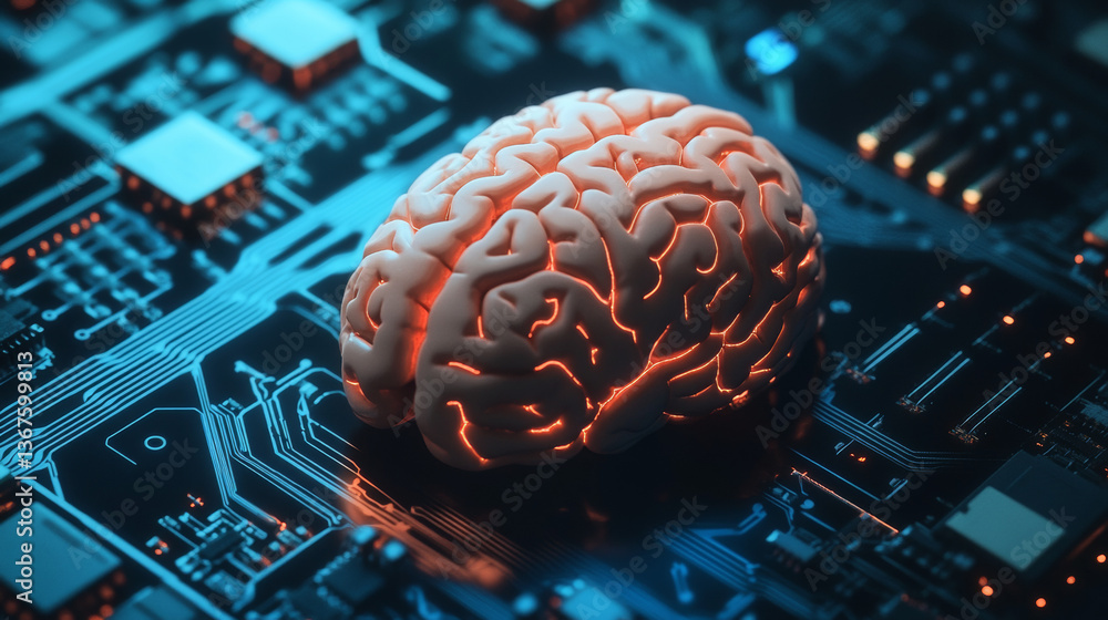 Poster illustration of blue brain top view half human, half machine brain with circuits on dark circuit boa