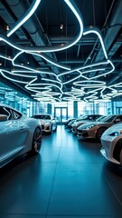 Fototapeta premium Luxurious modern car showroom with futuristic lighting and sleek vehicles