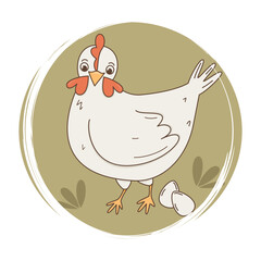 Cute hand drawn logo or icon vector with white hen and easter eggs in the meadow, illustration on circle with brush texture, for social media story and highlights