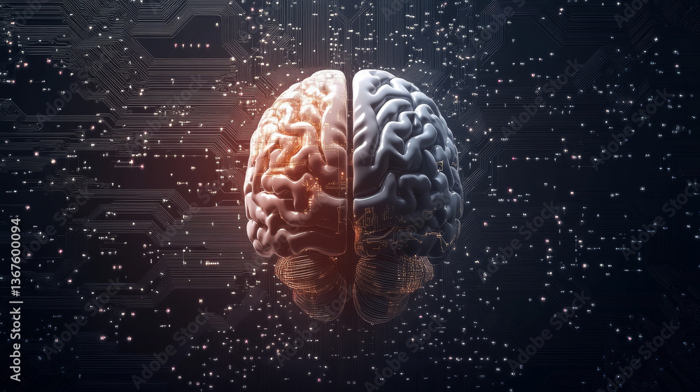 Poster illustration of blue brain top view half human, half machine brain with circuits on dark circuit boa