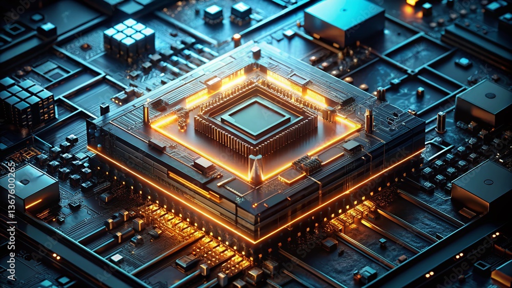 Poster futuristic ai 3d cpu chip glowing in low light, abstract technology background