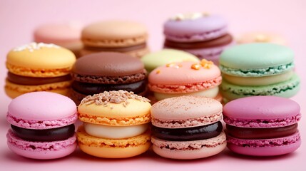 Fototapeta premium A colorful assortment of macarons on pastel pink background
