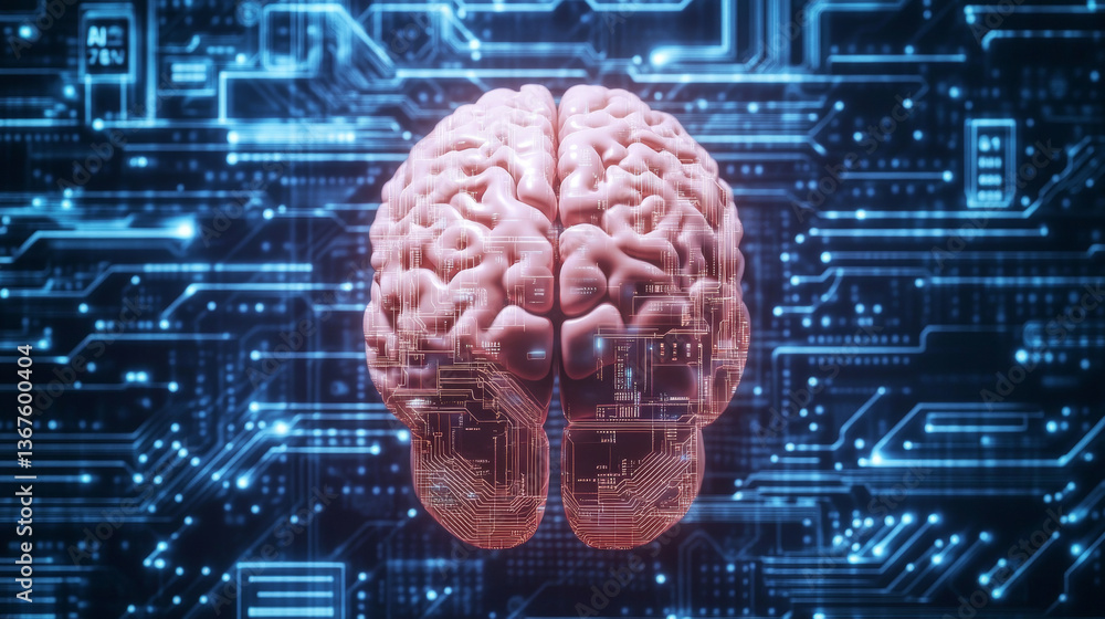 Poster illustration of blue brain top view half human, half machine brain with circuits on dark circuit boa
