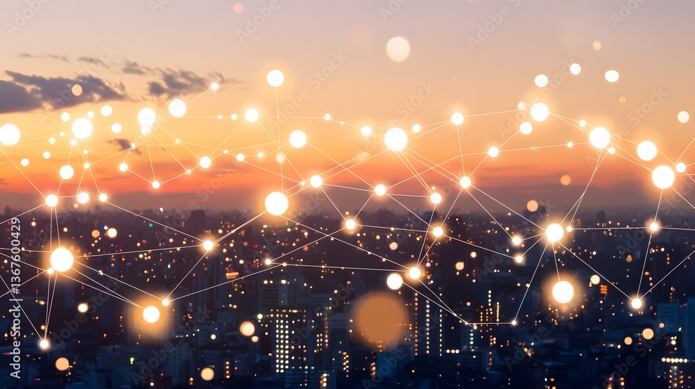 Poster futuristic skyline of a bustling metropolis at night with skyscrapers and buildings illuminated by a