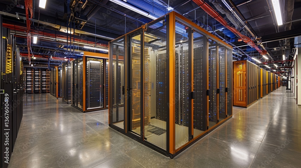 Poster a data center with multiple rows of server racks in operation represents the modern concept of telec