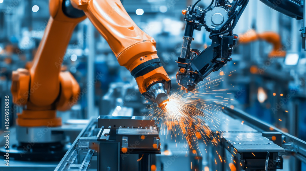 Poster isometric industry 4.0 concept. artificial intelligence. digital manufacturing operation. humanoid r