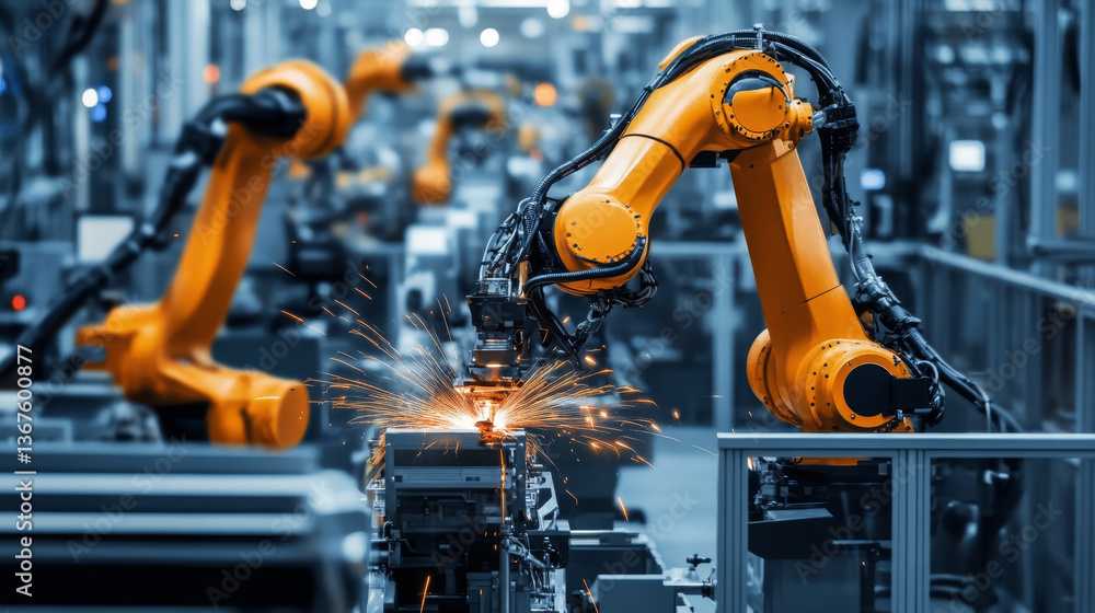 Poster isometric industry 4.0 concept. artificial intelligence. digital manufacturing operation. humanoid r