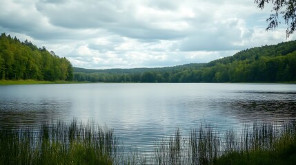Calm Lake Surrounded by Green Forest Under a Cloudy Sky