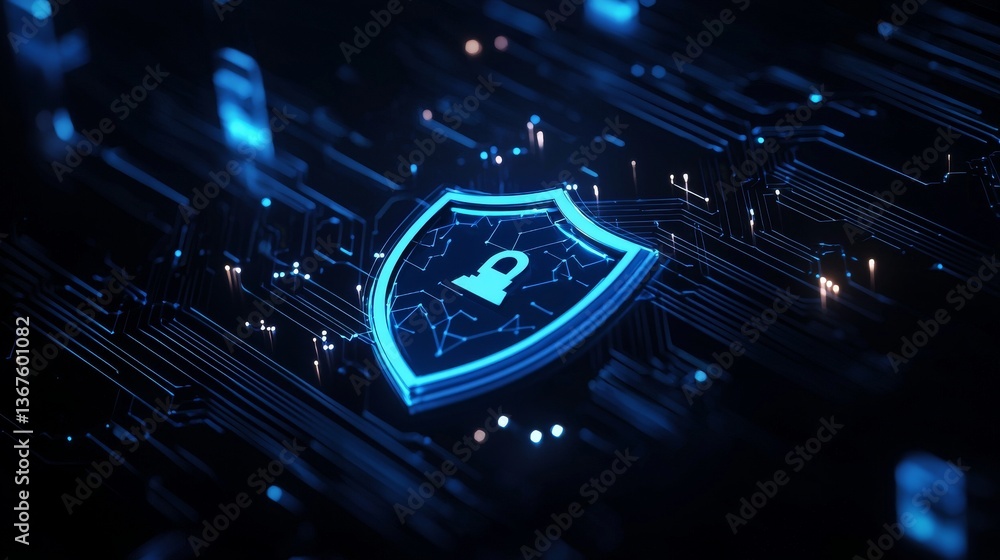 Poster cyber security is represented by the shield icon, protecting digital data networks through future te