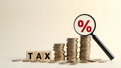 Tax Concept with Stacked Coins, Magnifying Glass, and Percentage Symbol on Beige Background