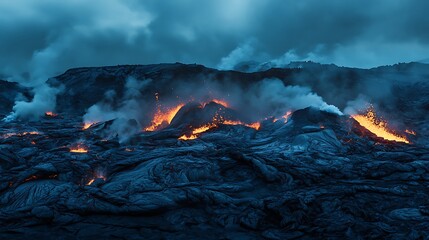 Active Lava Flowing Across Volcanic Landscape Creating Steam and Smoke