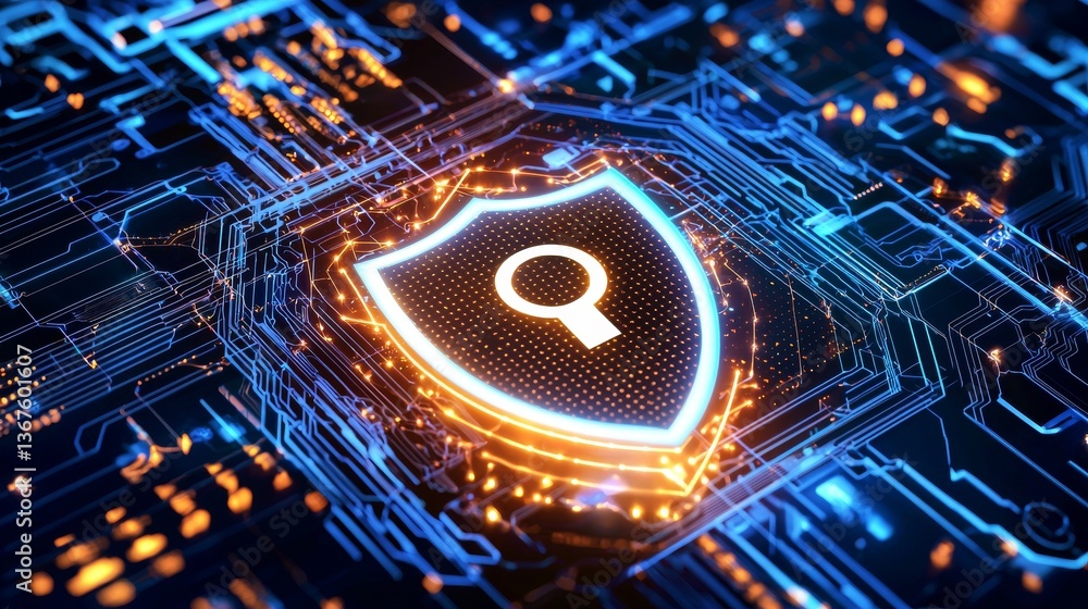 Poster cyber data security and information privacy are conceptually represented by a padlock with a keyhole