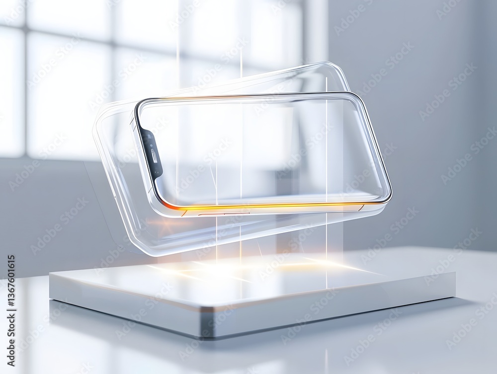 Poster futuristic transparent smartphone with a floating screen hovering above a clean minimalist white bac