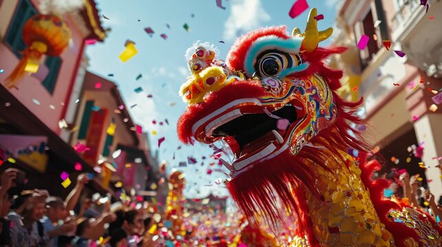 A colorful dragon during a cultural festival parades through the city