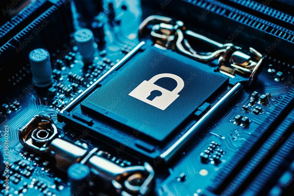 Poster a computer processor chip is set against a digital motherboard background, symbolizing network secur
