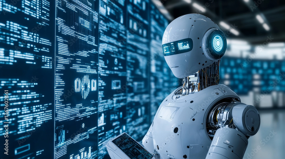 Poster isometric concept of rpa, artificial intelligence, robotics process automation, ai in fintech or mac