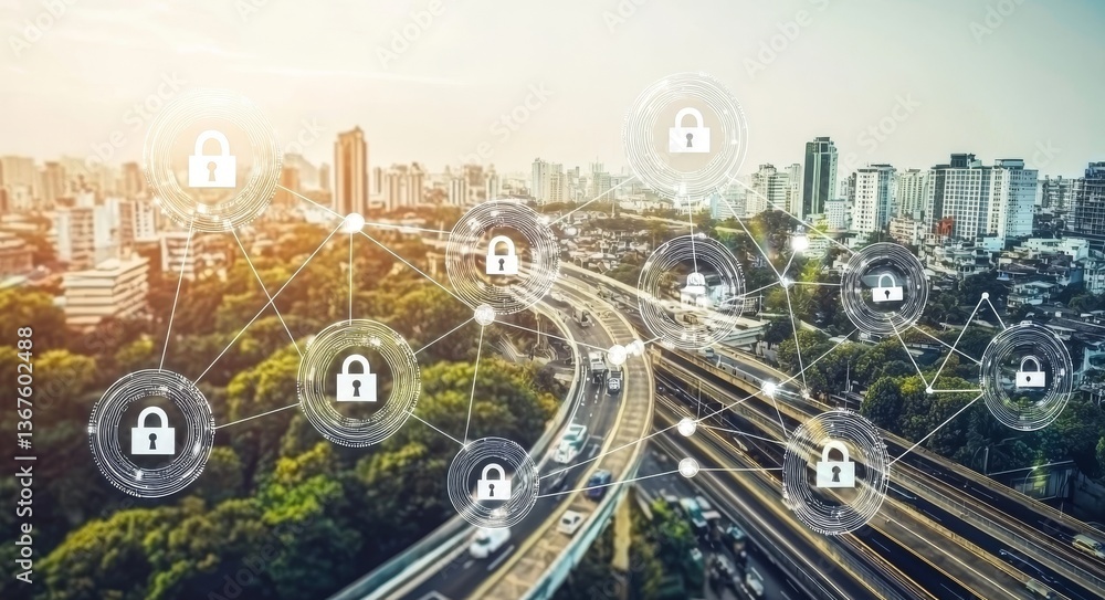 Poster cyber security, depicted by a digital padlock icon, involves the use of technology networks and data