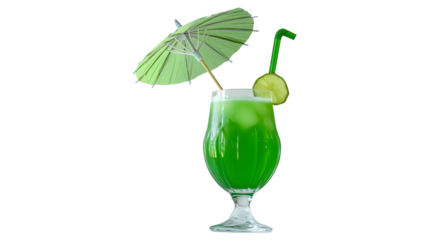 A green drink with a lime slice and a green umbrella