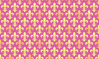 Vibrant pink  yellow fleurdelis seamless pattern.  Elegant, regal design perfect for textiles, wallpapers, or website backgrounds.  This sophisticated repeating texture evokes luxury and heritage.