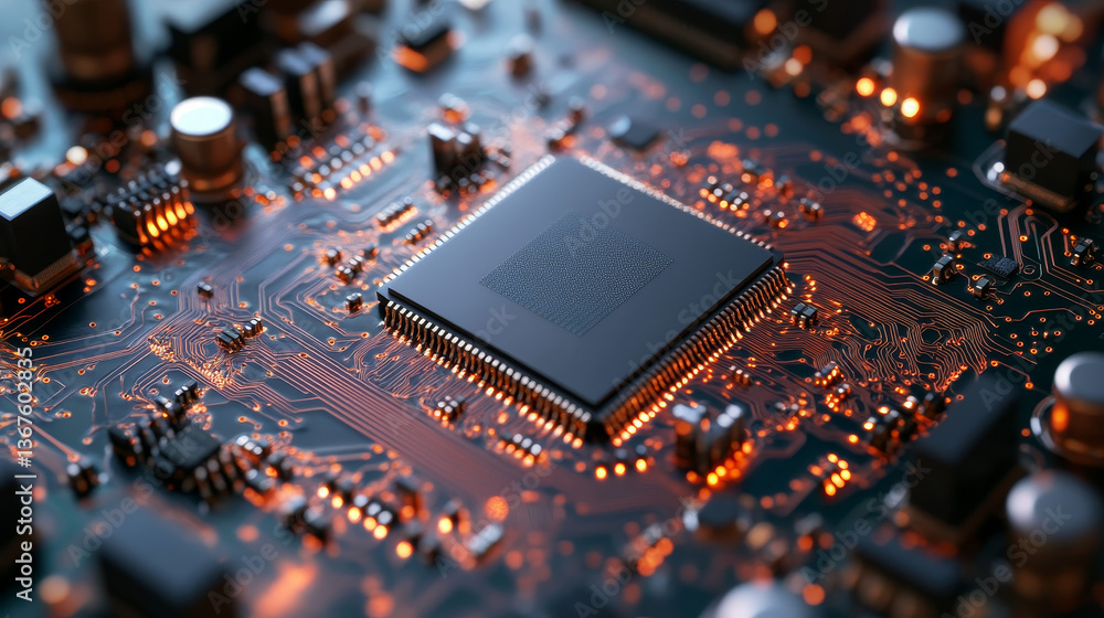 Poster glowing letters ai on advanced gpu microchip. next-generation artificial intelligence acceleration c