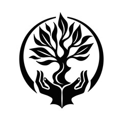 Elegant tree symbol supported by hands in black and white design  