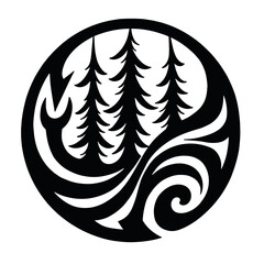 Black silhouette of trees and waves in circular design  