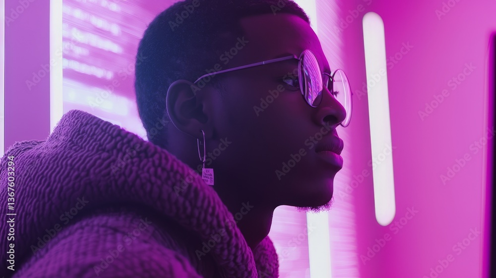 Poster the scene is set in a modern office where a motivated black male it specialist is focused on creatin