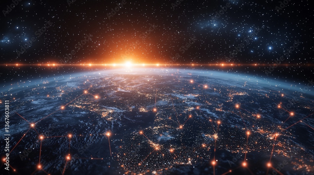 Poster the conceptual 3d render illustrates global technology networks that integrate cybersecurity and big