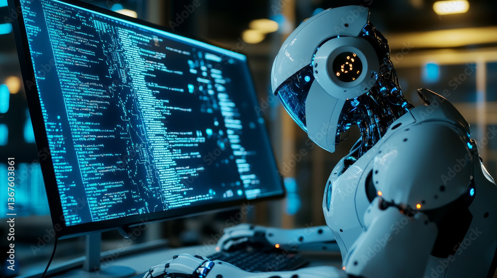 Poster isometric man programming of robot, settings artificial intelligence.