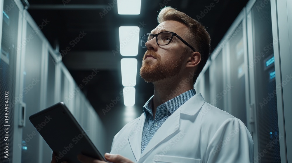 Poster a male engineer programs something while holding a tablet computer in his hands in a dark, modern hi
