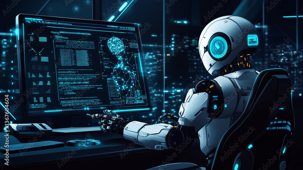 Poster isometric man programming of robot, settings artificial intelligence.