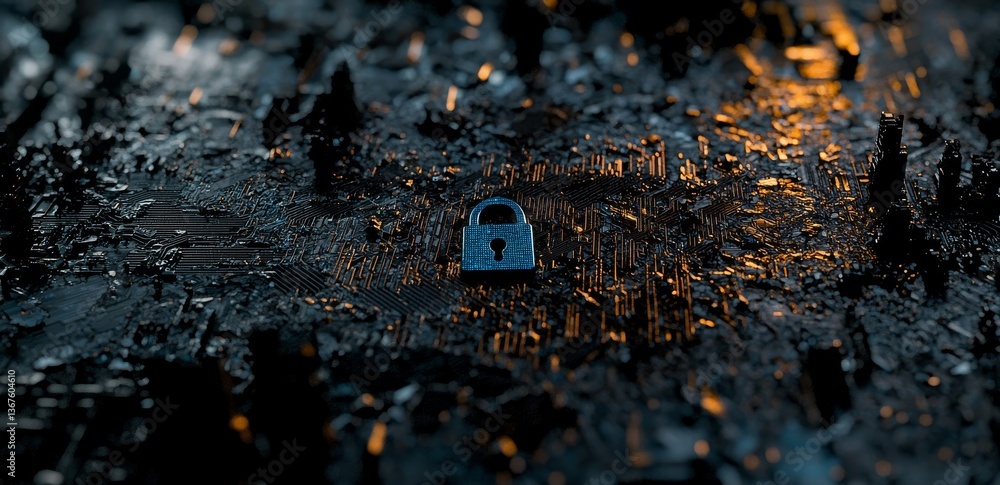 Poster cyber security, denoted by a digital padlock icon, involves the use of technology networks and data 