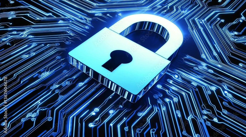 Poster the concept of cybersecurity information protection technology is represented by a large central pad