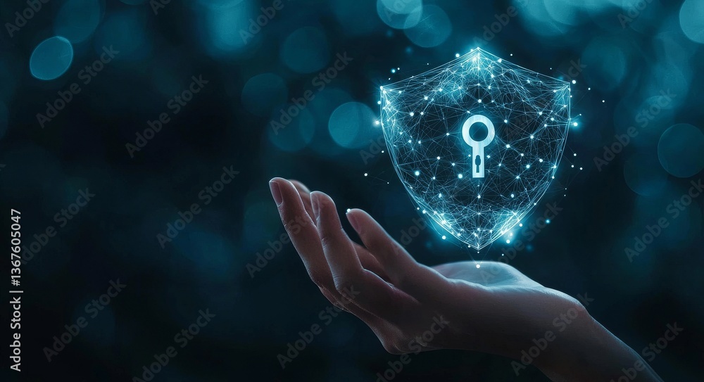 Poster the concept of cybersecurity and the internet is represented by a shield with a key inside on a blue