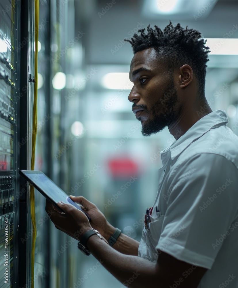 Poster a data center houses the server room, database, and it support, where a man programmer is working to