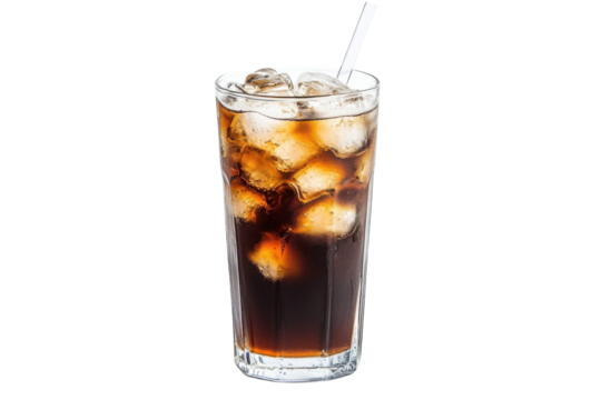 Refreshing iced beverage served in a tall glass with ice cubes on a bright background isolated on transparent background