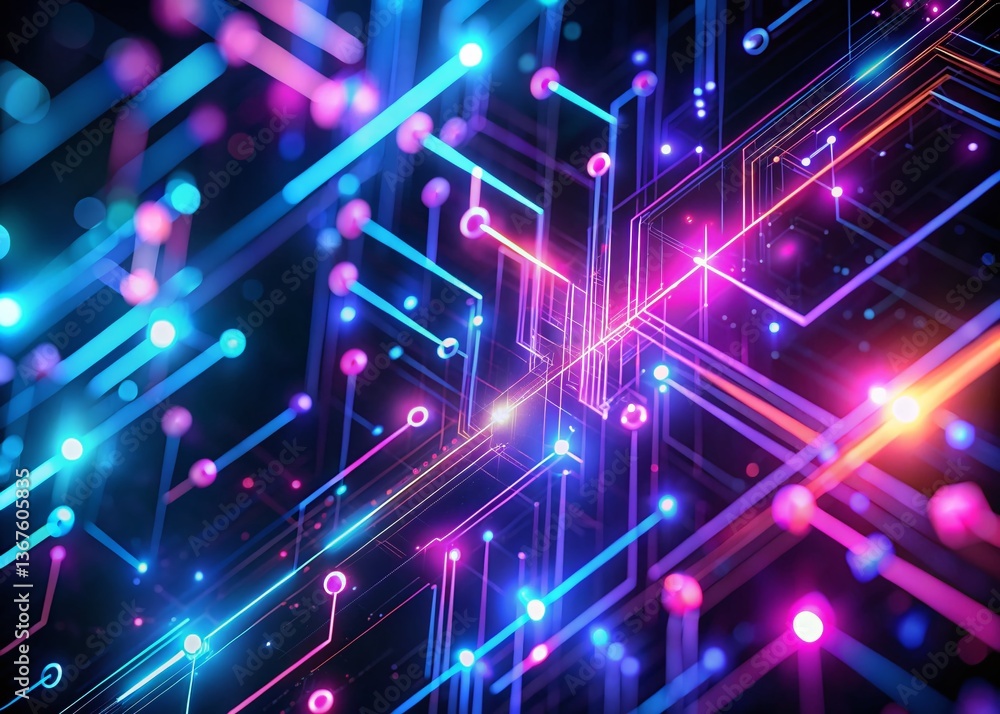 Poster futuristic neon arrows data stream: abstract tech bokeh background