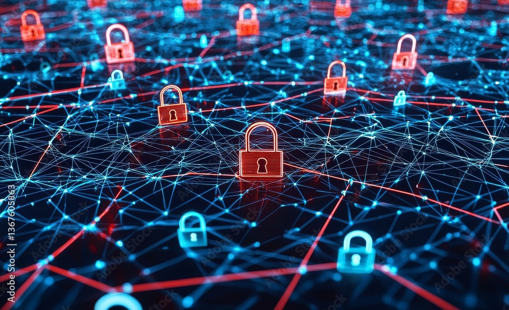 Poster protecting against cyberattacks is achieved through the use of a cybersecurity hologram and lock cir