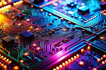 Obraz premium Futuristic Neon Circuit Board: Close-up Detail of Glowing Electronic Components