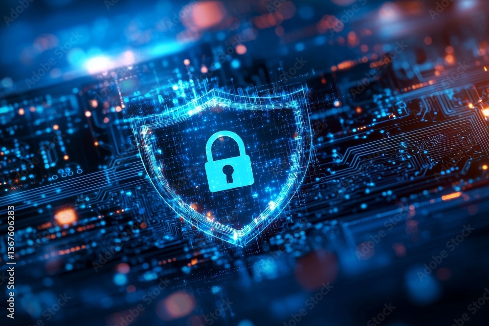 Poster concept of cyber security, data, and personal information privacy represented by a digital glowing s