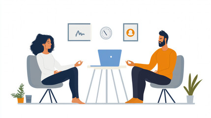 Fototapeta premium People stretching in office isolated on white background. Vector cartoon illustration of man and woman doing yoga workout on break to relax sitting in armchair, healthy lifestyle, fitness at workplace