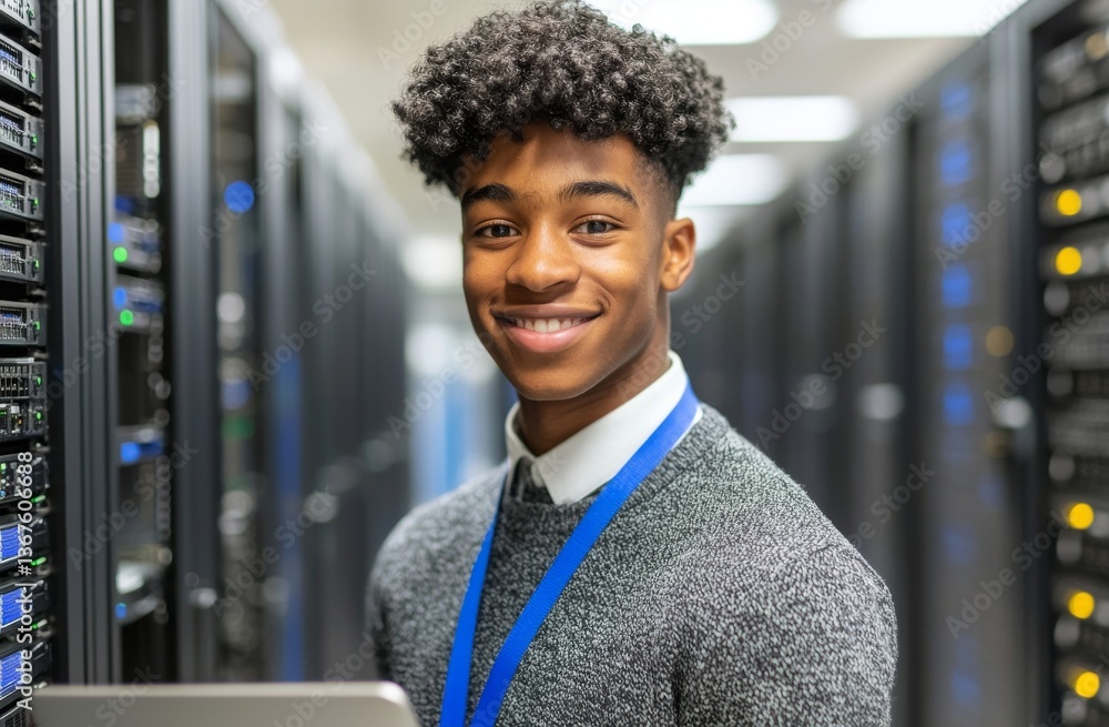 Aufkleber a data center, system update, or cybersecurity code is represented by a server, laptop, and a portra