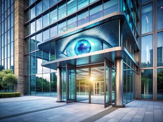Futuristic Office Entrance with Eye Scan Access Control System - Aerial View
