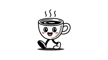 Cute Coffee Cartoon: A charming, animated coffee cup, complete with a smiling face, legs, and arms, radiates warmth and energy, symbolizing the invigorating start to a day