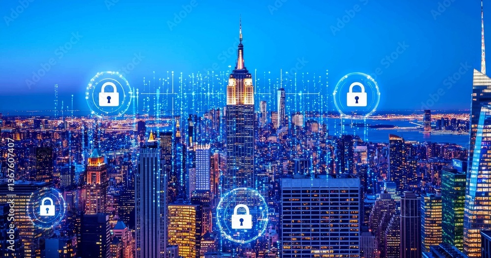 Poster new york city structures feature advanced cybersecurity measures including a hud hologram and secure